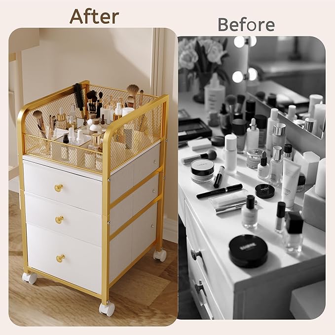 Rolling Makeup Vanity Cart, Makeup Organizer with Drawers, Rolling Makeup Bathroom Storage Cart, Cosmetic Vanity Display Cases Holder for Nail Polish Brush Hair Tool (Gold)