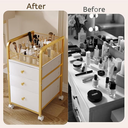 Rolling Makeup Vanity Cart, Makeup Organizer with Drawers, Rolling Makeup Bathroom Storage Cart, Cosmetic Vanity Display Cases Holder for Nail Polish Brush Hair Tool (Gold)