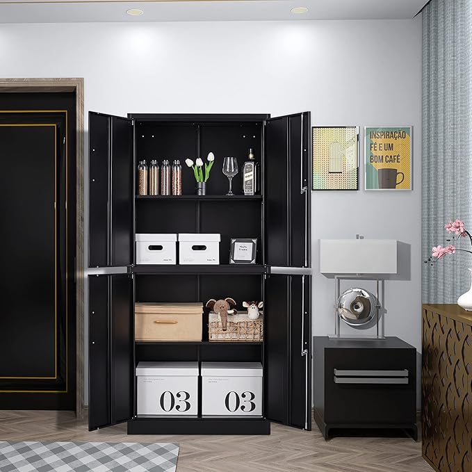 Metal Storage Locking Cabinet, 71" Tall Metal Cabinet with 4 Doors and 2 Adjustable Shelves, Locking Steel Cabinet for Home, School, Office, Gym, Garage Storage (Black)