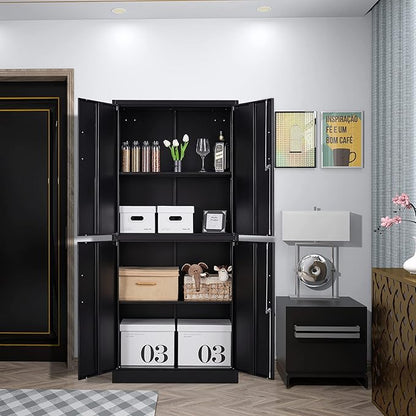 Metal Storage Locking Cabinet, 71" Tall Metal Cabinet with 4 Doors and 2 Adjustable Shelves, Locking Steel Cabinet for Home, School, Office, Gym, Garage Storage (Black)
