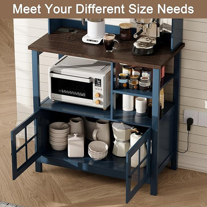 ChooChoo Farmhouse Coffee Bar Cabinet with Storage, Bakers Rack with Power Outlets, Microwave Stand Kitchen Cabinet with Hutch and 6 Hooks, Blue
