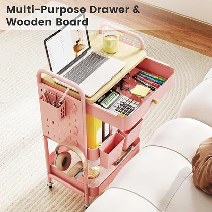 danpinera 3 Tier Rolling Cart, Metal Storage Cart with Drawer, Wooden Tabletop & DIY Pegboards, Utility Carts on Wheels with Hooks & Hanging Cups, Mobile Storage Organizer Trolley for Kitchen, Office