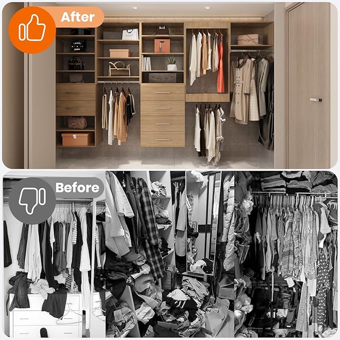 ROOMTEC Modular Closet System, 90" Wall Mounted Closet Organizer with Hanging Rods and Drawers, Modern Wooden Tower for Walk-In Closets, Wardrobe Storage Kit, Wood