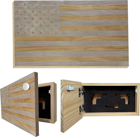 American Flag Hidden Gun Safe - Quick Access Hidden Gun Shelf - Concealment Shelf with Magnetic Lock - Wall Gun Safe for Secure Firearm Storage - Handcrafted In USA by Bellewood Designs (Whitewashed)
