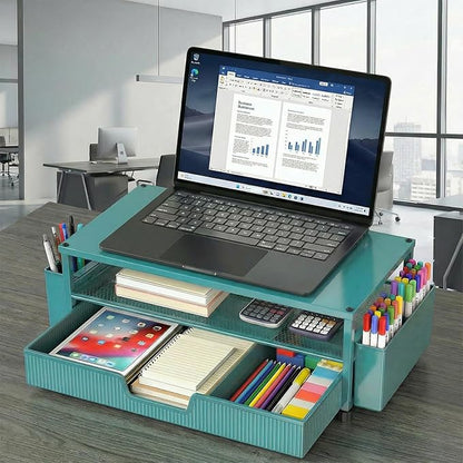 Desk Organizer and Accessories, 2-Tier Computer Monitor Stand Rise with Storage Drawer & 2 Pen Holders, Laptop & Printer Stand for Desktop, Workspace Organizers for Office Supplies (Blue)