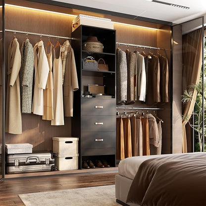 96'' Closet Organizer System with 3 Hanging Rods, 8FT Closet Organizers and Storage with 3 Wooden Drawers, Built in Closet Organizer Systems, Adjustable Walk-in Wardrobe from 5-8FT, Black