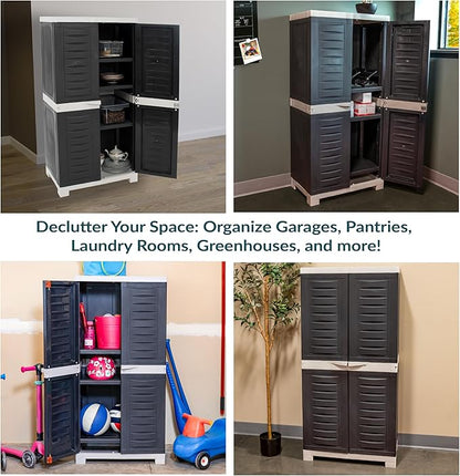 Sunnydaze 48" H Resin Garage Storage Cabinet - Garage Cabinet with Lockable Doors and 3 Adjustable Shelves - Freestanding Utility Storage for Laundry Room, Office, Basement - Charcoal