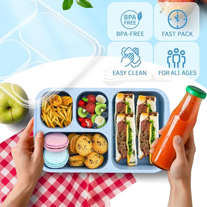 Large Capacity Bento Box for Adults, 4-Piece Set – Stackable Lunch Box with 4 Compartments, Microwave & Dishwasher Safe, Reusable Meal Prep Containers, Snack Containers for Kids & Adults (Blue)