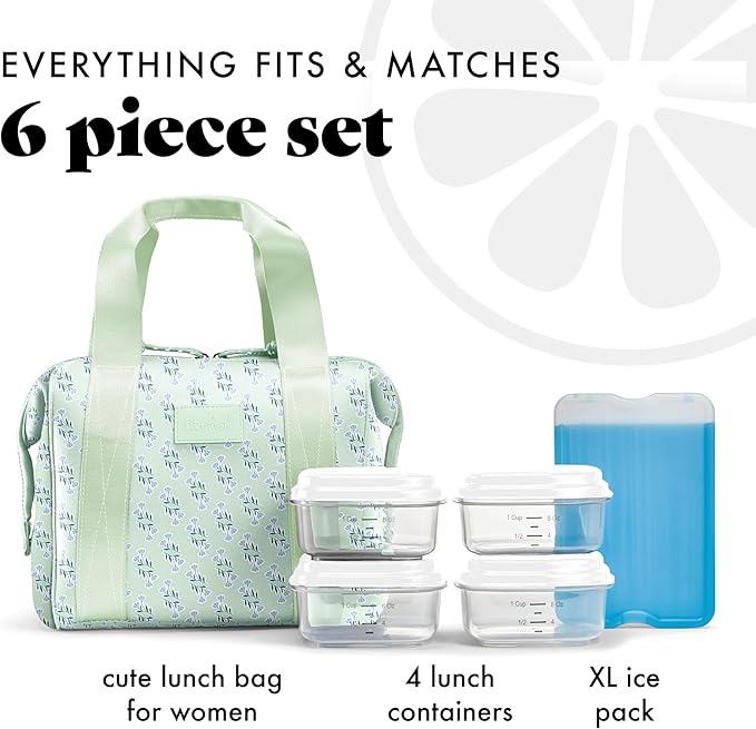 Fit & Fresh Neoprene Lunch Bag For Women, Insulated Womens Lunch Bag For Work, Tear & Stain Resistant Large Lunch Box For Women With Containers and Ice, Machine Washable Remi Bag, Sage Flower