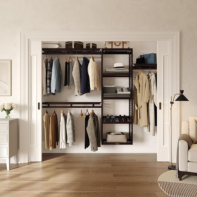 John Louis Home Wood Closet Organizer System with Shelves & Hanging Rods, Wall Mounted Reach-in Closet Storage - Espresso Finish