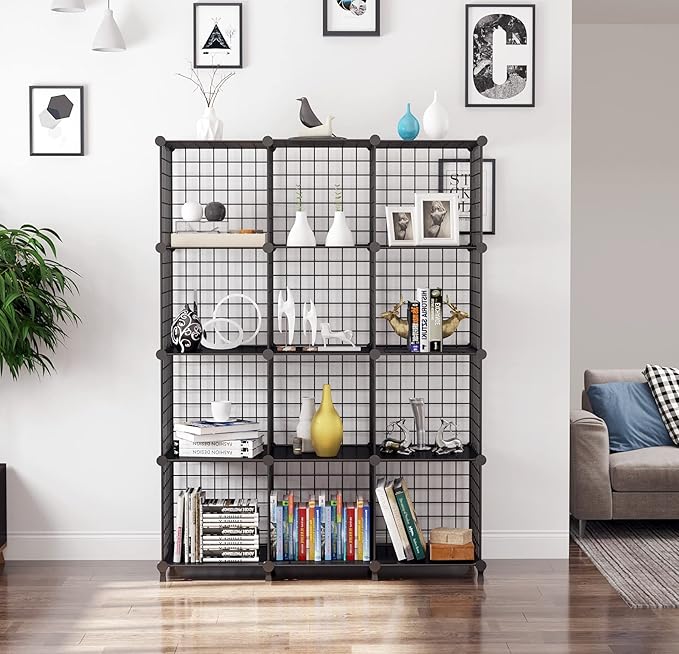 AWTATOS Wire Cube Storage Organizer, Closet Organizers and Storage, Metal 12 Cube Storage Shelves Bookshelf, Portable Closet Clothes Organizer for Bedroom, Home, Office, Black