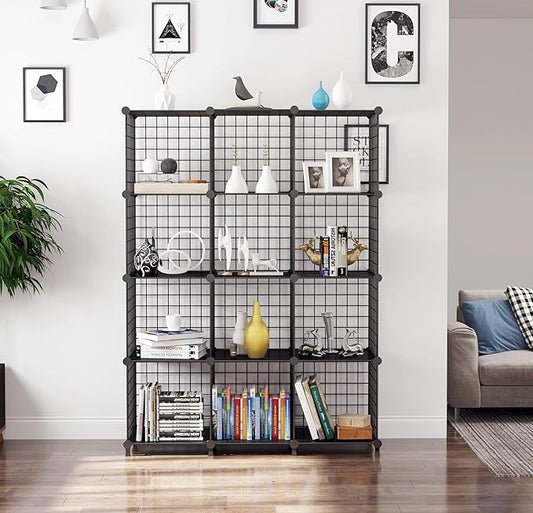 AWTATOS Wire Cube Storage Organizer, Closet Organizers and Storage, Metal 12 Cube Storage Shelves Bookshelf, Portable Closet Clothes Organizer for Bedroom, Home, Office, Black