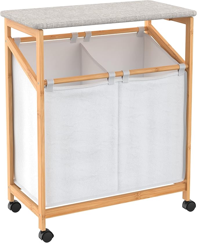 ClosetMaid Bamboo Laundry Hamper Cart with Ironing Board Folding Station, Dual Compartments with Divider, Portable Laundry Sorter, Natural Finish