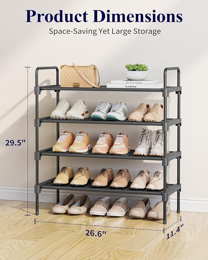 Kitsure Shoe Rack - 4-Tier Shoe Organizer with Handles & Non-Slip Feet, Rust-Resistant Metal Shoe Rack for Closet, Entryway, Bedroom, Living Room, 26.6" Wide - 4 Tiers, Black