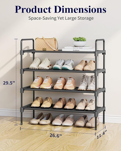Kitsure Shoe Rack - 4-Tier Shoe Organizer with Handles & Non-Slip Feet, Rust-Resistant Metal Shoe Rack for Closet, Entryway, Bedroom, Living Room, 26.6" Wide - 4 Tiers, Black
