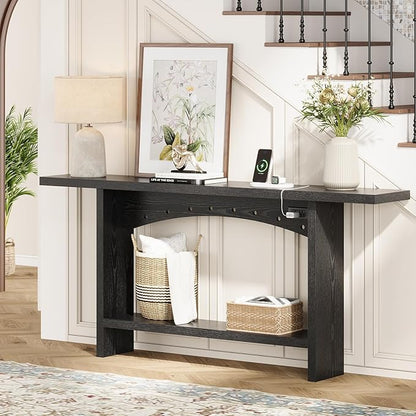 71" Console Table with Charging Station, Farmhouse Entryway Table, Entryway Table with Storage for Living Room or Foyer, Sofa Table for Hallway with Anti-Tip, Easy Assembly, Black