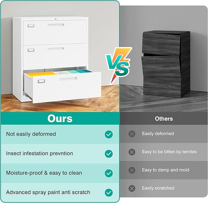 SISESOL 3 Drawer Lateral File Cabinet with Lock,White Lateral Filing Cabinet,Horizontal Metal Filing Cabinet,Locked Wide Three Drawer File Cabinet for Office Home,Fit A4/F4/Letter/Legal File