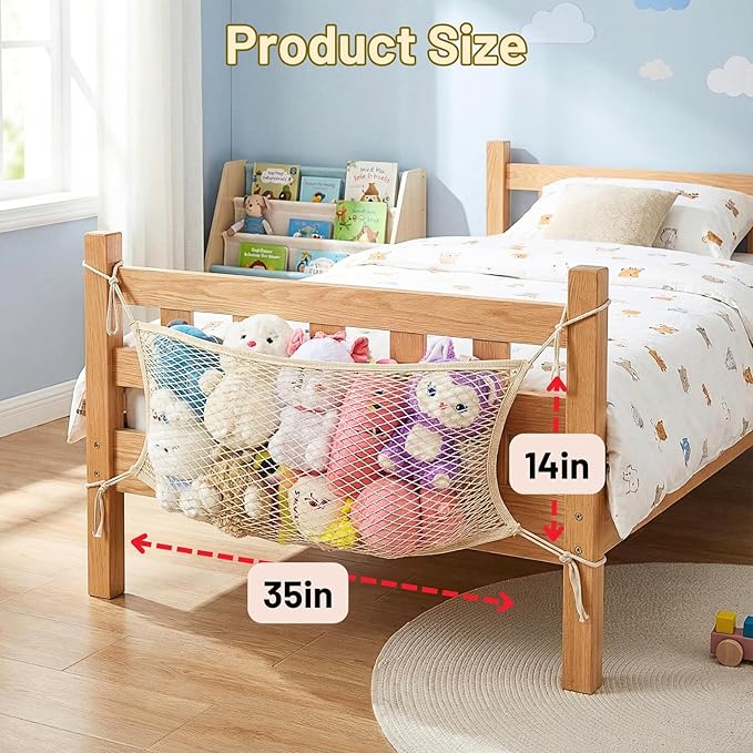 Stuffed Animal Storage Net for Kids, Bedside Toy Organizer Net - Neatly Store Your Stuffed Animals, Cotton Bedside Stuffed Animal Storage Net with Tether, Stretches up to 35 Inches, Beige