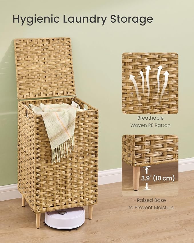SONGMICS Laundry Hamper with Lid, 25 Gal (95L) PE Rattan Laundry Basket with Removable Washable Liners, for Bedroom & Living Room, Goose Yellow ULCB221YE01