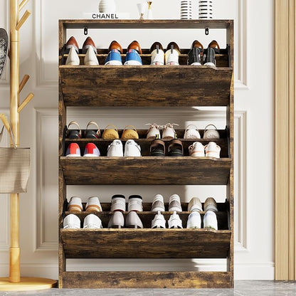 Shoe Storage Cabinet for Entryway with 3 Flip Drawers, Sturdy Wood Hidden Shoe Storage, Freestanding Narrow Slim Shoe Organizer for Front Door Entrance, Living Room, Hallway, Bedroom, Brown