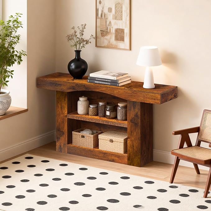 63 Inch Entryway Table Three-Shelf Cabinet, Wooden Console Table with Socket Farmhouse Sofa Table for Entrance, Hallway, Living Room,Behind Couch(Rustic Brown)