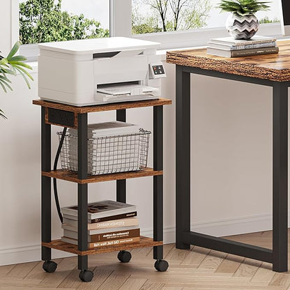 TUTOTAK 3 Tier Printer Stand, Rolling Printer Cart with Power Outlets and USB Ports, Mobile Printer Table with Wheels, for Under Desk, Office, Home,Brown PS02BB001