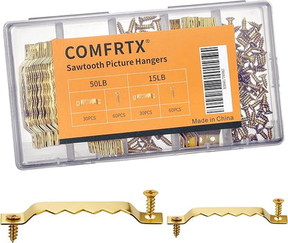60 Pack Sawtooth Picture Hangers – Small & Heavy-Duty Wall Hanging Kit, 2 Sizes for Photo Frames, Art, Paintings, Canvas Hooks, and Picture Hanging Hardware Gold