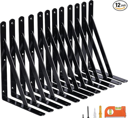 12-Pack 12 Inch Heavy Duty Shelf Brackets, Thicken Wall Bracket for Garage Floating Storage Shelves, 90 Degree Triangle Large L Bracket, Black Powder-Coated Steel