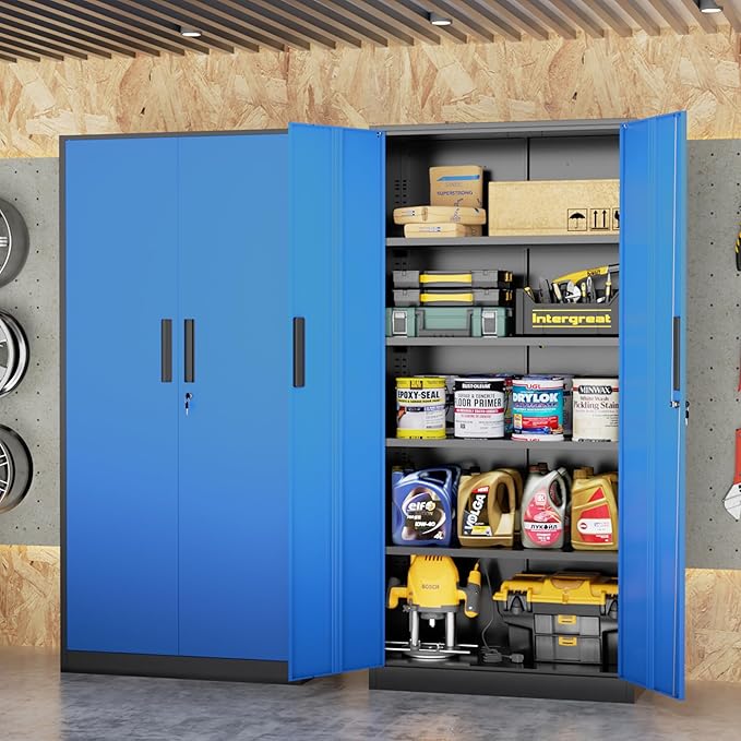 INTERGREAT Garage Storage Cabinets with Doors and Shelves,72" H Steel Locking Cabinets Storage with Lockable Door,Metal Storages Cabinet for Home Office,Warehouse,School,Black Blue
