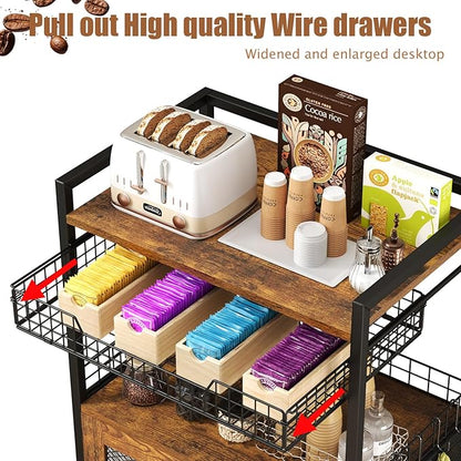 Coffee Bar Cabinet, 3 Tier Coffee Station Table on Wheels, 35.9" H Bar Cart with Wire Basket Drawer & 5 Hooks for Home Kitchen, Liquor Buffet Sideboard Cabinet (Rustic Brown)