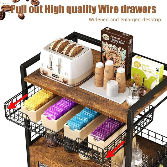Coffee Bar Cabinet, 3 Tier Coffee Station Table on Wheels, 35.9" H Bar Cart with Wire Basket Drawer & 5 Hooks for Home Kitchen, Liquor Buffet Sideboard Cabinet (Rustic Brown)