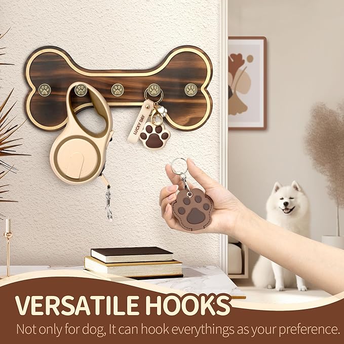 MTERSN Farmhouse Key Holder for Wall - Decorative Rustic Dog Leash Hanger Wall Mounted with Bone Shaped Hooks - Cute Storage Organizer for Home Decor (Retro Brown)
