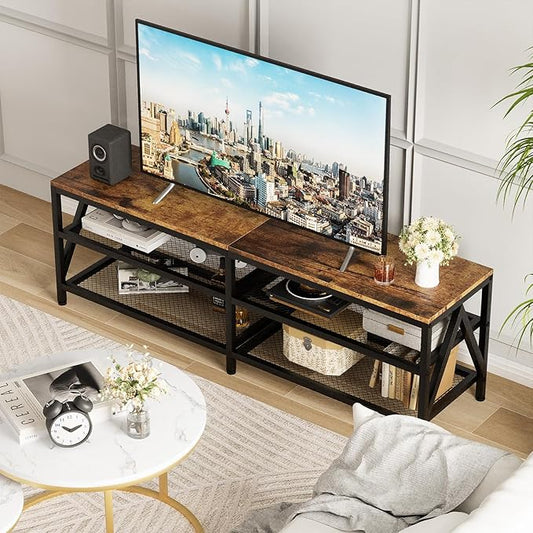 TV Stand for TVs up to 70 Inch, 63" Long Industrial TV Console Table with 3-Tier Storage Shelves, Entertainment Center for Living Room, Bedroom (Brown)