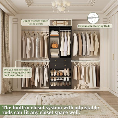 Closet System, 4.2–8.8 FT Closet Organizer with 2 Wooden Drawers and Shelves, Walk-in Closet System with 5 Hang Rods, Built-in Reach in Closet Tower, Can Fit 60 to 96 inch, Black