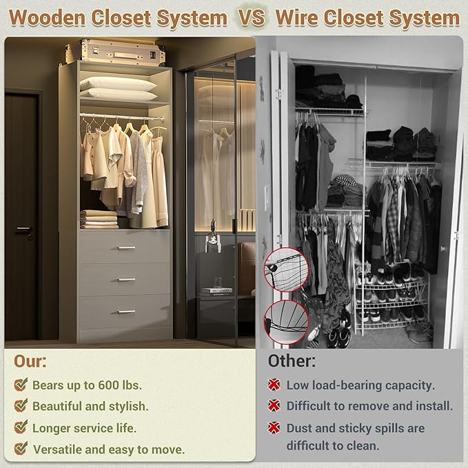 Closet System Set of 4, 8FT Closet Systems with 12 Wood Drawers, 96" Closet Organizer System with 4 Hanging Rods & 4 Shelves, Heavy Duty 96 Inch Walk-in Closet, Grey (96"L x 15" W x 80" H)