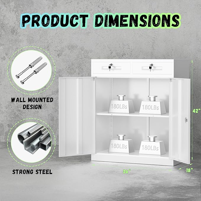 Bonusall Garage Storage Cabinet with 2 Drawers,42" Metal Office Cabinets with Doors and Shelves,Steel Pantry Cabinet for Home Office,School,Warehouse(White)