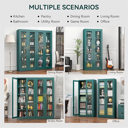 Curio Cabinets with Glass Doors, 71" Glass Display Cabinet with Lock, Tall Bookcase with Adjustable Shelves, Locking China Cabinet for Living Room, School, Commercial, Office, Plant, Green