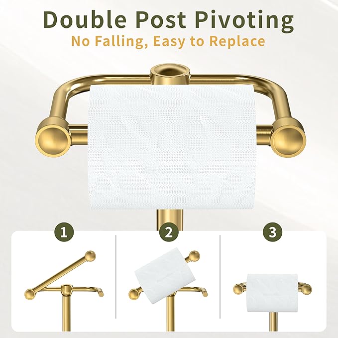 Toilet Paper Holder Stand, Modern Bathroom Free Standing Toilet Paper Roll Holder, Post Pivoting Toilet Paper Stand with Stainless Steel Tissue Rack, Rust-Proof & Heavy Stable Base（Brushed Gold）