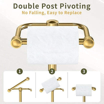Toilet Paper Holder Stand, Modern Bathroom Free Standing Toilet Paper Roll Holder, Post Pivoting Toilet Paper Stand with Stainless Steel Tissue Rack, Rust-Proof & Heavy Stable Base（Brushed Gold）