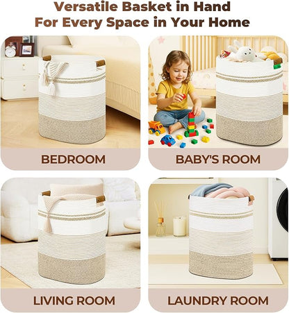 Laundry Basket with Handles - Blanket Basket & Hampers for Bedroom Aesthetic, Laundry Hamper & Blanket Storage for Living Room, Clothes Hamper, Tall, Large 17" x 14" x 22”, Light Brown & White