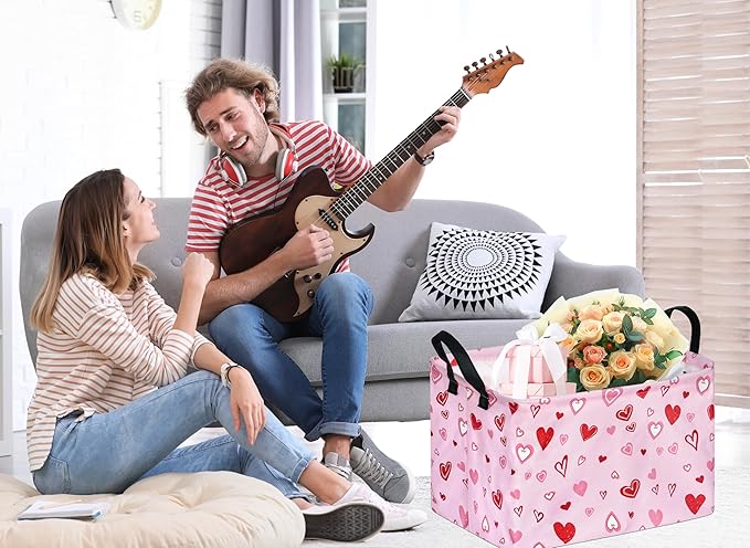 KUNRO Rectang Heart Pattern Valentine's Storage Basket Gift Shelf Basket Storage Bin, Nursery Basket Organizer Box for With Handles for Room Deco