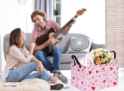 KUNRO Rectang Heart Pattern Valentine's Storage Basket Gift Shelf Basket Storage Bin, Nursery Basket Organizer Box for With Handles for Room Deco