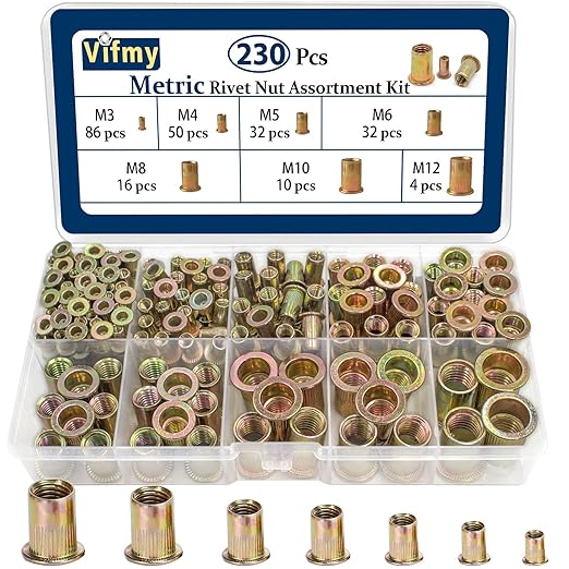 Metric Rivet Nut Assortment Kit(230 Pcs), M3 M4 M5 M6 M8 M10 M12 Flat Head Rivnut Set,Zinc Plated Finish Carbon Steel Nutsert