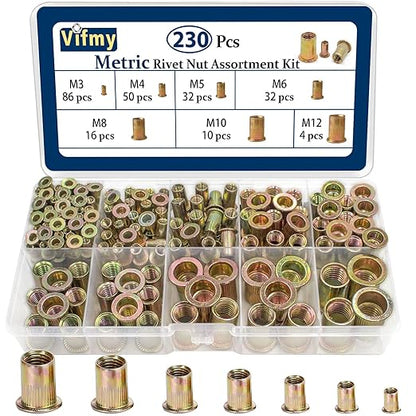Metric Rivet Nut Assortment Kit(230 Pcs), M3 M4 M5 M6 M8 M10 M12 Flat Head Rivnut Set,Zinc Plated Finish Carbon Steel Nutsert