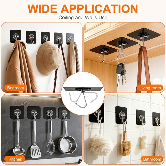 DDMY Adhesive Hooks for Hanging Heavy Duty 2026 Upgraded Black 24 Pack Sticky Wall Hooks 50lbs(Max) Reusable No Damage Hook Super Strong Waterproof for Bathroom, Kitchen, Home, Office and Outdoor