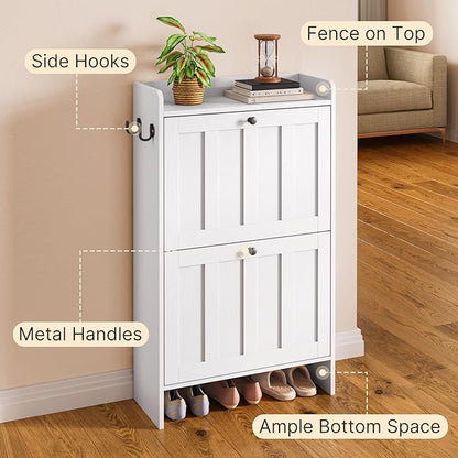 Gizoon Shoe Cabinet with 2 Flip Drawers, Slim Shoe Storage Cabinet for Entryway, Freestanding Narrow Rack with Open Storage, for Hallway, White