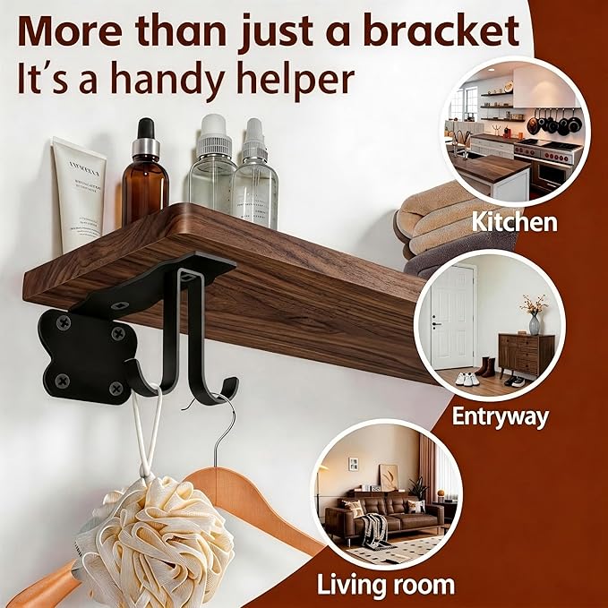 5 Inch Black Shelf Brackets, Floating Shelf Bracket with 4 Detachable Hooks, Wall Mounted, Supports Up to 150 lbs, Iron Metal L Bracket for DIY Storage