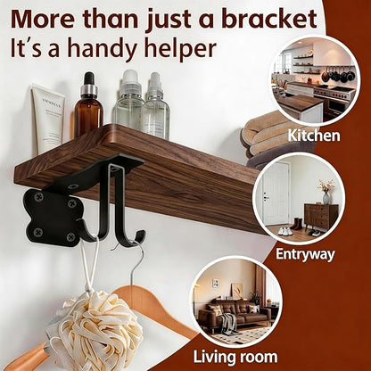 5 Inch Black Shelf Brackets, Floating Shelf Bracket with 4 Detachable Hooks, Wall Mounted, Supports Up to 150 lbs, Iron Metal L Bracket for DIY Storage
