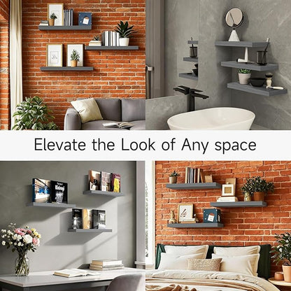 BAYKA Grey Floating Shelves for Wall, Wall Mounted Rustic Wood Shelves for Bathroom, Bedroom, Living Room, Kitchen,Small Hanging Shelf for Books/Storage/Room Decor (Set of 3, 15.7in)