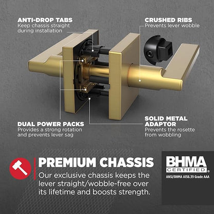 Kwikset Halifax Slim Square Passage Door Lever, Modern Interior Hallway and Closet Door Handle, Non-Locking Reversible Leverset, Satin Brass Finish